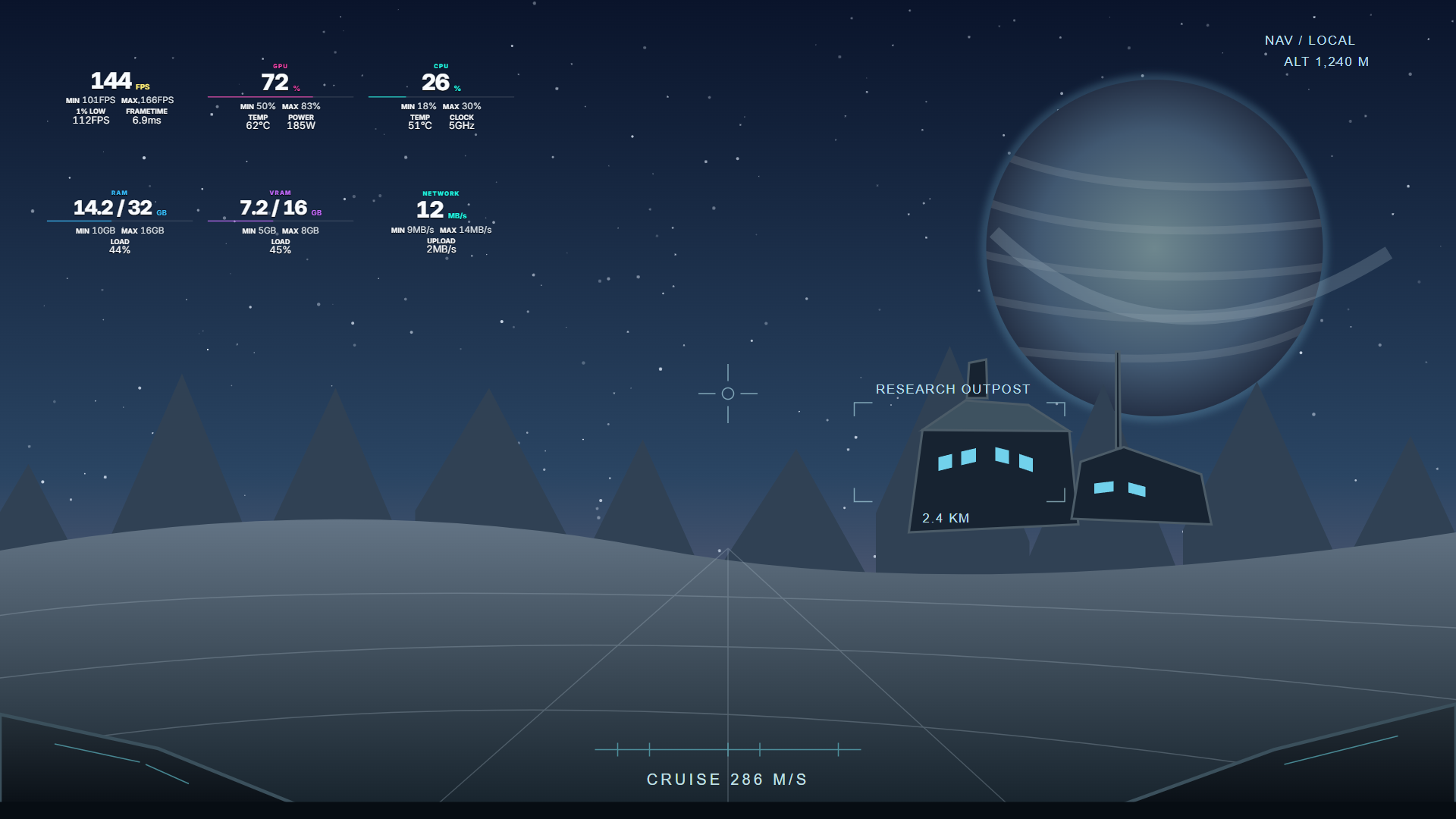 Transparent stats overlay · illustrated game scene