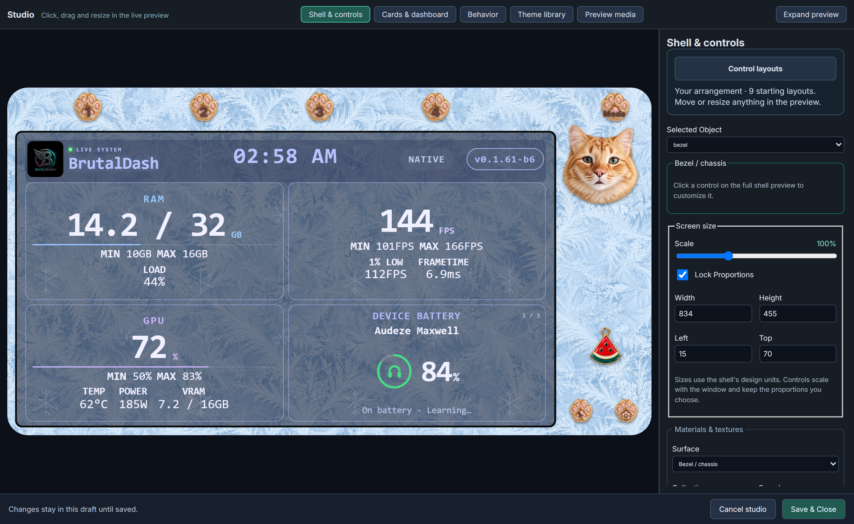 Studio · customize the cards, shell and controls